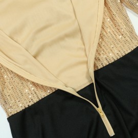 Women Clothes Dress Sequin round Neck Pleated Sequined Sheath Long Sleeve