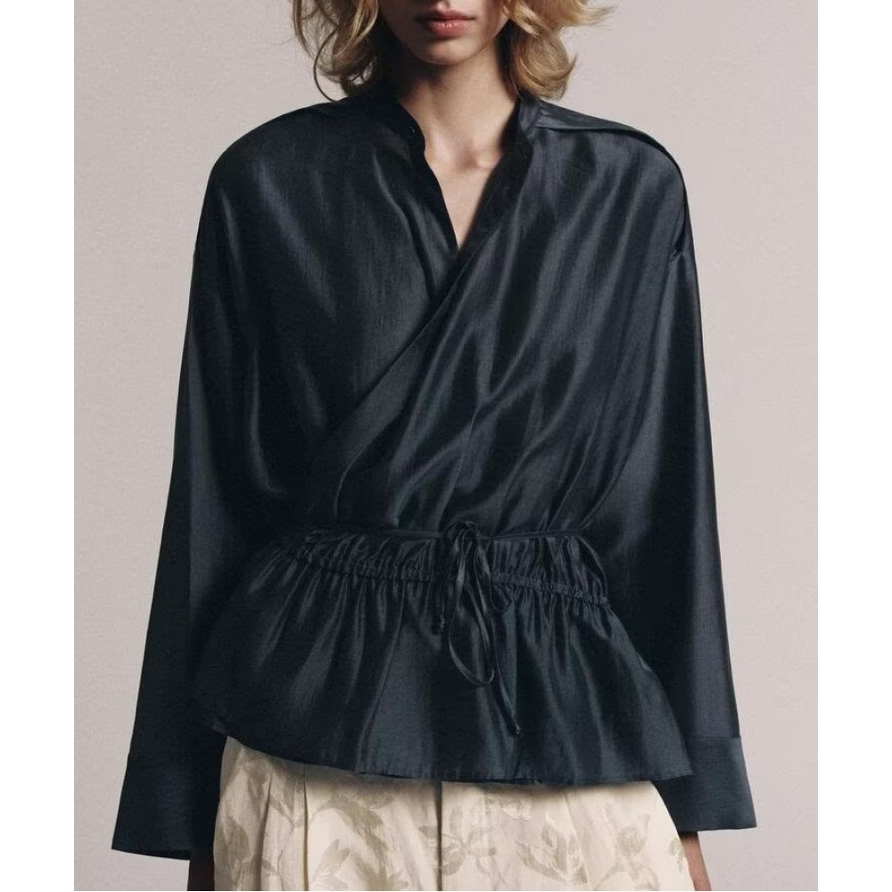 Autumn Women Clothing Fashionable All Match Long Sleeve round Neck Double Breasted Vertical Shirt Top