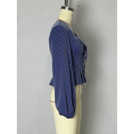 Autumn Wear French Minority Striped Shirt Women V neck Pleated Bow Puff Sleeve Date Elegant Top