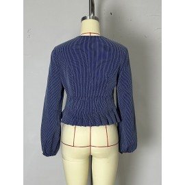 Autumn Wear French Minority Striped Shirt Women V neck Pleated Bow Puff Sleeve Date Elegant Top