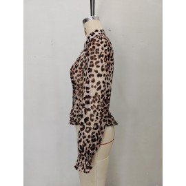 Women Top Leopard Print Collared Pleated Waist Tight Bubble Long Sleeve Shirt