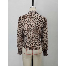 Women Top Leopard Print Collared Pleated Waist Tight Bubble Long Sleeve Shirt