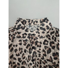 Women Top Leopard Print Collared Pleated Waist Tight Bubble Long Sleeve Shirt