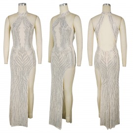 Women Elegant Halter Backless Split Drilling Dress