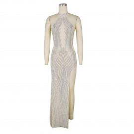 Women Elegant Halter Backless Split Drilling Dress