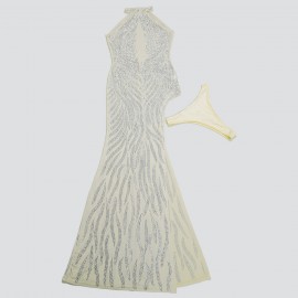 Women Elegant Halter Backless Split Drilling Dress
