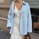 Autumn Winter Casual Relaxed Sense Shacket Striped Contrast Color Binding Loose Shirt Women