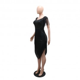 Fashionable Sexy off Shoulder Irregular Asymmetric Tassel Dress Sequin Small Dress