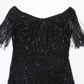 Fashionable Sexy off Shoulder Irregular Asymmetric Tassel Dress Sequin Small Dress