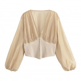 Early Autumn Long Sleeves French Sweet V neck Stitching Waist Seal Bishop Sleeves Top