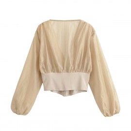 Early Autumn Long Sleeves French Sweet V neck Stitching Waist Seal Bishop Sleeves Top