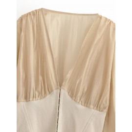 Early Autumn Long Sleeves French Sweet V neck Stitching Waist Seal Bishop Sleeves Top