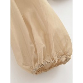 Early Autumn Long Sleeves French Sweet V neck Stitching Waist Seal Bishop Sleeves Top