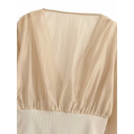Early Autumn Long Sleeves French Sweet V neck Stitching Waist Seal Bishop Sleeves Top