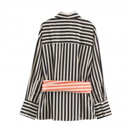 Women Clothing Early Autumn Long Sleeve Collared Patchwork Waistband Striped Shirt