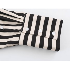 Women Clothing Early Autumn Long Sleeve Collared Patchwork Waistband Striped Shirt