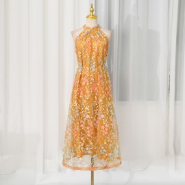 Seaside Vacation Maxi Dress Summer Embroidered Halter Light Luxury High Grade Slim Dress Women
