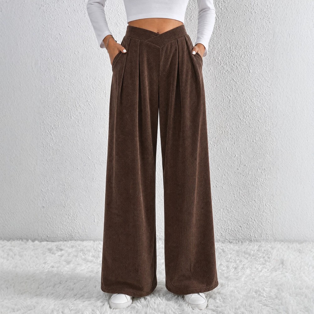 Autumn Winter Retro Coffee Color Wide Leg Pants Women V Shaped Waist Pleated Casual Loose Trousers