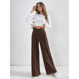 Autumn Winter Retro Coffee Color Wide Leg Pants Women V Shaped Waist Pleated Casual Loose Trousers